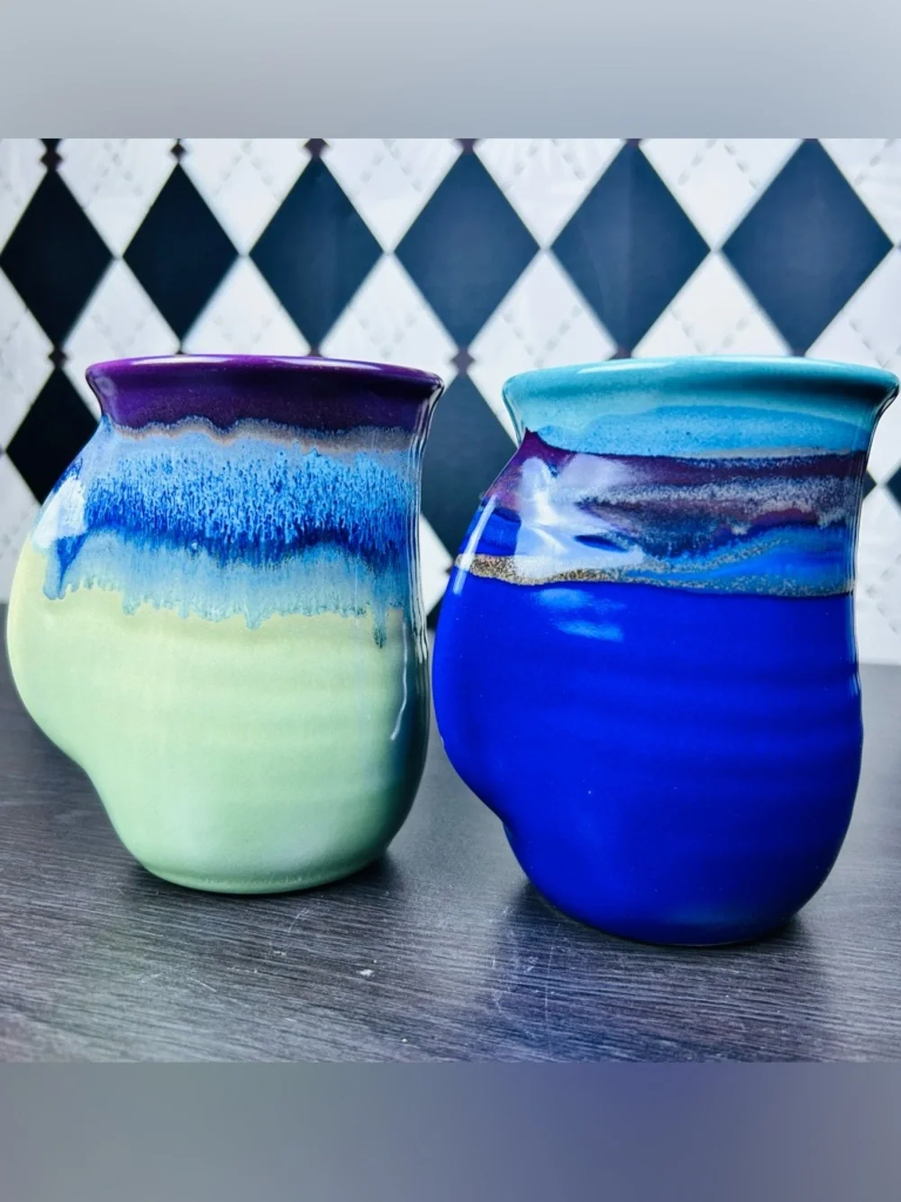 Hand Warmer Mugs Signed Neher Pair Drip Glaze‎ Studio Pottery